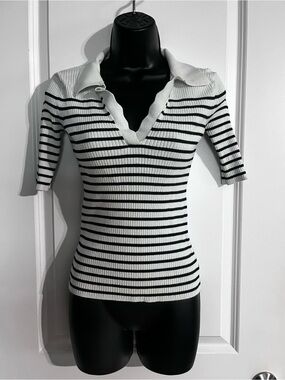 Express White and Black Striped Ribbed Polo Sweater